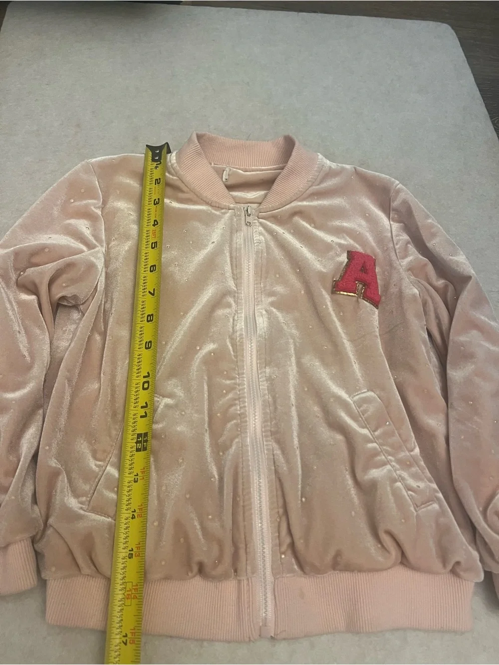 Doe A Dear Girls Blush Pink Velvet Bomber Jacket Size 6 Varsity A Patch
